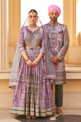 Exclusively for couple combo designer outfit in pure PV silk and foil print with detailed hand mirror work
